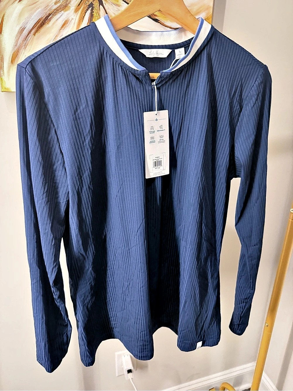 Lady Hagen Ribbed Nulu Split-Neck Long-Sleeve Shirt Blue